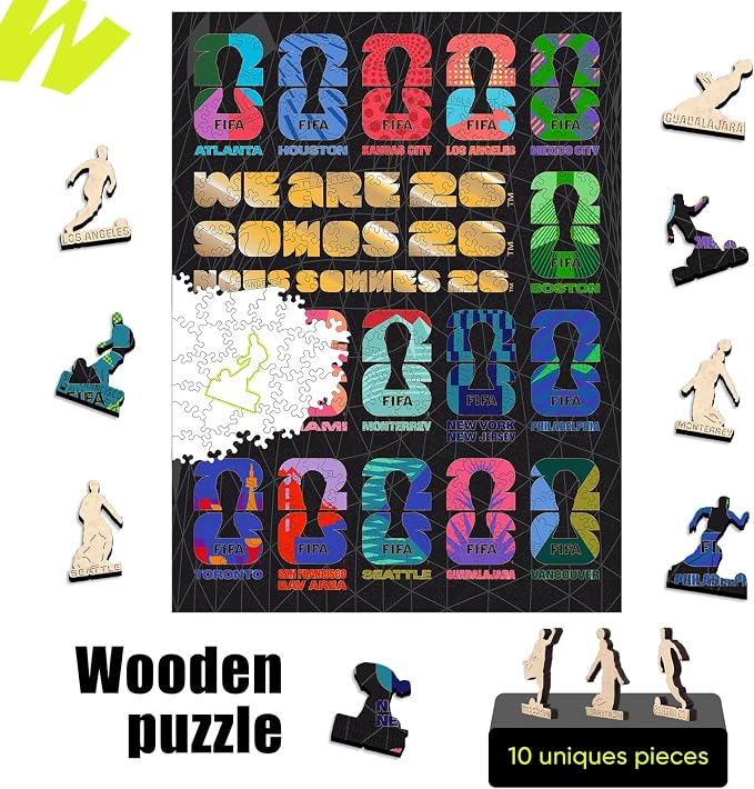 FIFA World Cup 2026 Wooden Jigsaw-Puzzle,Gift for Soccer Fan-Host Cities | Official Licensed,5MM Thick Soccer puzzles,Long-Lasting Display sports memorabilia collector,300 Pieces Irregular Shape