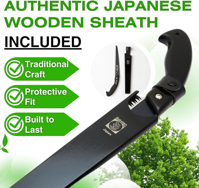 Saboten Japanese Pruning Saw 9.4 in (240mm) – Fluorine-Coated High-Carbon Steel Blade, 7.5mm Tooth Pitch, Smooth Pull Cuts, Wooden Handle, Wood Sheath Included, Made in Japan