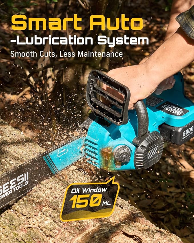 SEESII 40V 16 Inch & 12 Inch Cordless Electric Chainsaw 2×5.0Ah Batteries | 1600W Brushless Chain saw with Tool-Free Chain Tension, Auto Oiling for Tree Trimming, Firewood, Storm Cleanup,42ft/s