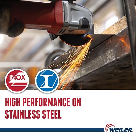 Weiler 58100 4-1/2 Inch Cutting Wheel, Tiger Inox Stainless Steel Contaminant-free High Performance Cutting, .045" INOX60S Type 1 7/8" Arbor, Pack of 25