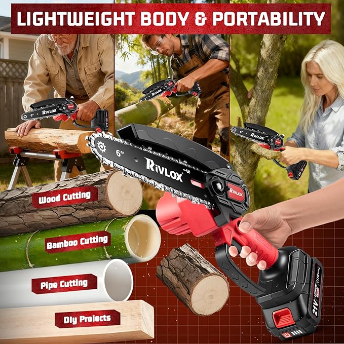 Mini Chainsaw,6 & 4 inch Electric Chainsaws Cordless Battery Powered, One-Hand Portable Handheld Saw for Trees Trimming Wood Cutting,Chain Saw Gift for Men Dad Husband Women (Red-2 Battery)