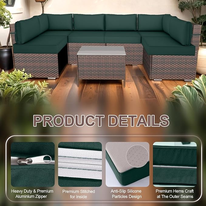 14 Piece Outdoor Furniture Replacement Cushions, Cover+Filling, 25.6" x 25.6" x 4" Foam Waterproof Outdoor Sofa Cushion Sets, Fit Wicker Rattan Sectional Conversation Set, Dark Green