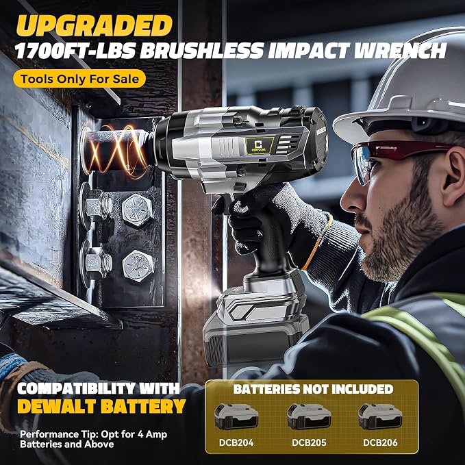 Cordless Impact Wrench 1/2 inch Compatible with DeWalt 20V Battery: 1700FT-LBS High Torque Impact Wrench with 6 Sockets & Case - Brushless Electric Impact Gun LED Work Light, Bare Tool
