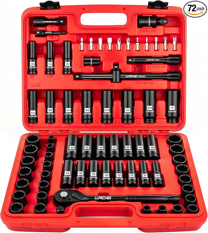LLNDEI 1/2" Drive Socket Set 72Pcs 6 & 12-Point SAE/Metric CR-V | Deep & Shallow, Ratchet, Extensions, Universal Joint, Adapters & Bits, for Auto Repair, Truck Maint, Machinery & Garage DIY