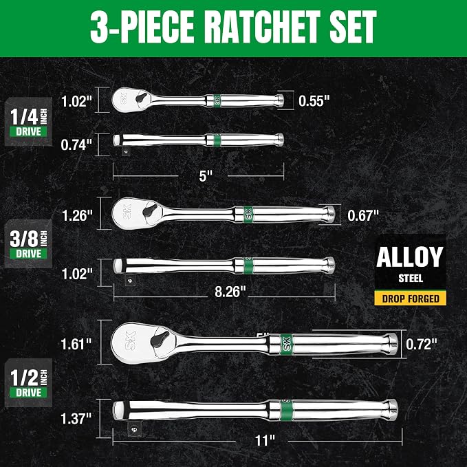 SK 3-Piece Ratchet Set, 1/4", 3/8", 1/2" Drive Ratchet, 90-Tooth Pear Head | Alloy Steel, Reversible Switch for One-Handed Operation, Heat Treated SuperKrome Finish,Enclosed Head with Contoured Handle