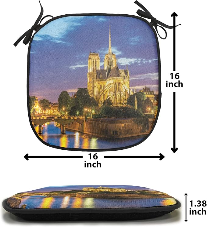 Lunarable Paris Chair Cushion Pads Set 12, Notre Dame at Dusk Paris France Riverside Scenery Water Reflection, Anti-Slip Seat Padding for Kitchen & Patio, 16"x16", Yellow Brown Blue