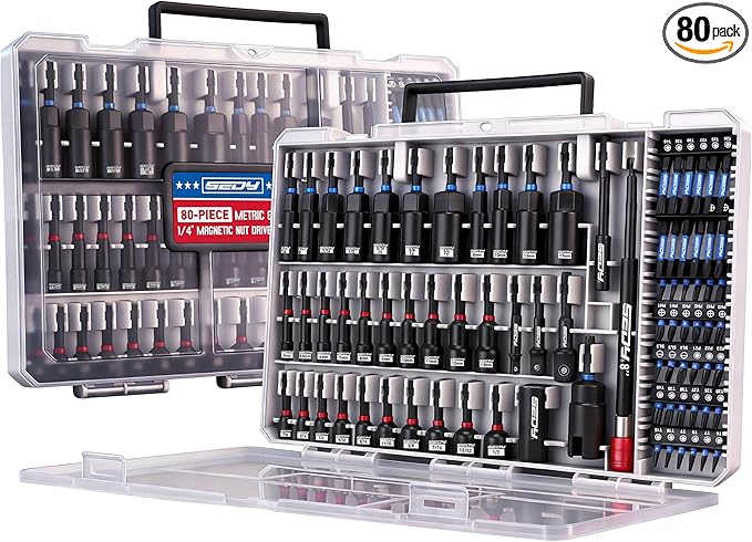 80-Piece Premium Magnetic Impact Nut Driver Set Metric & SAE with Socket Adapters, Bit Holder, Wing Nut Driver, Universal Sockets, Quick Release Extension, Power Bits