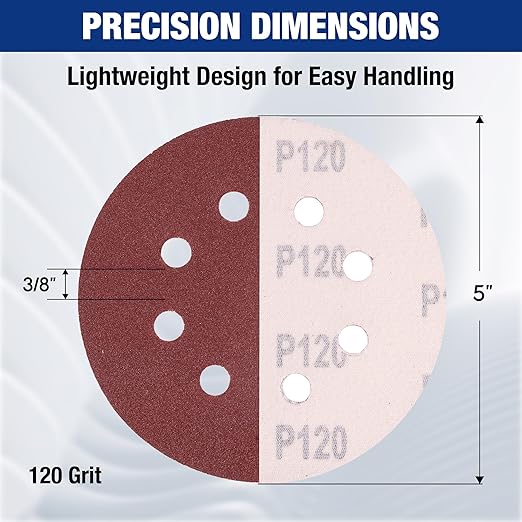 WORKPRO 100-Piece 120 Grit Sanding Discs - 5-Inch 8-Hole Hook and Loop Sandpaper for Random Orbital Sander (Not for Oscillating Tools or Mouse Sander)
