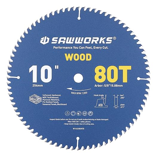 SawWorks 10" 80T ATB Carbide Circular Saw Blade, Precision Finish for Table Saw, for Detailed Woodworking & Custom Furniture, 5/8" Arbor