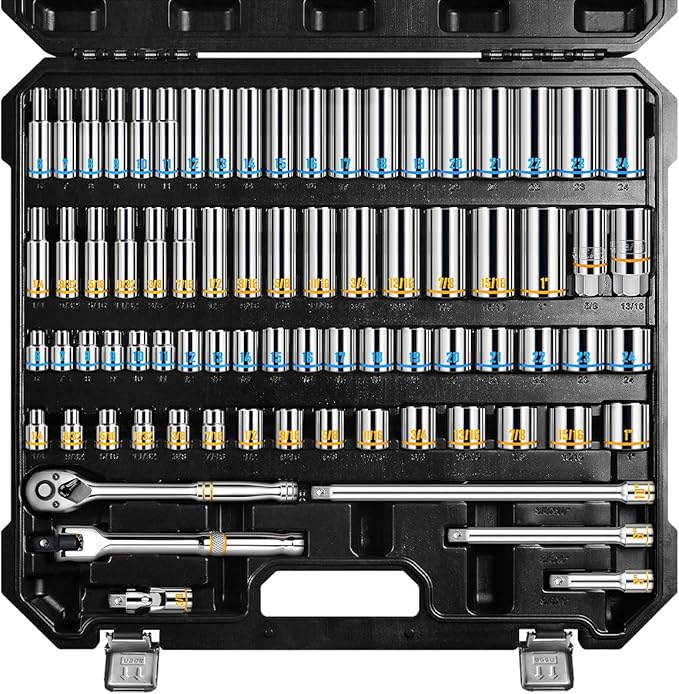 BOEN 3/8-Inch Drive Socket Wrench Set, 76-Piece Metric (6-24mm) & SAE (1/4" to 1"), Deep & Shallow Kit with Embossed & Painted Markings, Ratchet Handle, Spark Plug Sockets, Breaker Bar