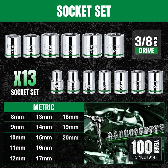 SK 3/8" Drive Socket Set, Metric Sockets, 13-Piece 8-20mm | SuperKrome Finish, Premium CR-V Steel, with Aluminum Socket Organizer