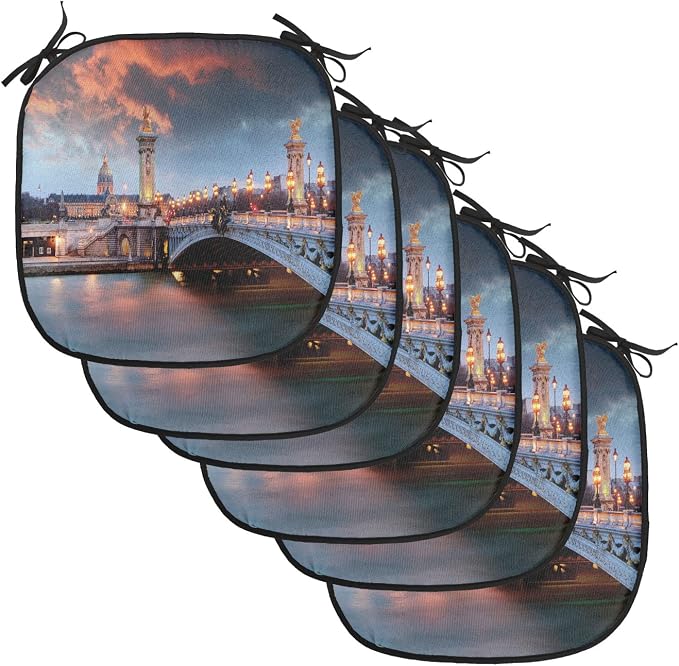 Lunarable Paris Chair Cushion Pads Set of 6, Alexandre III Bridge Paris France Palace Warm Color Peaceful Waterscape, Anti-Slip Seat Padding for Kitchen & Patio, 16"x16", Coral Dark Blue Tan