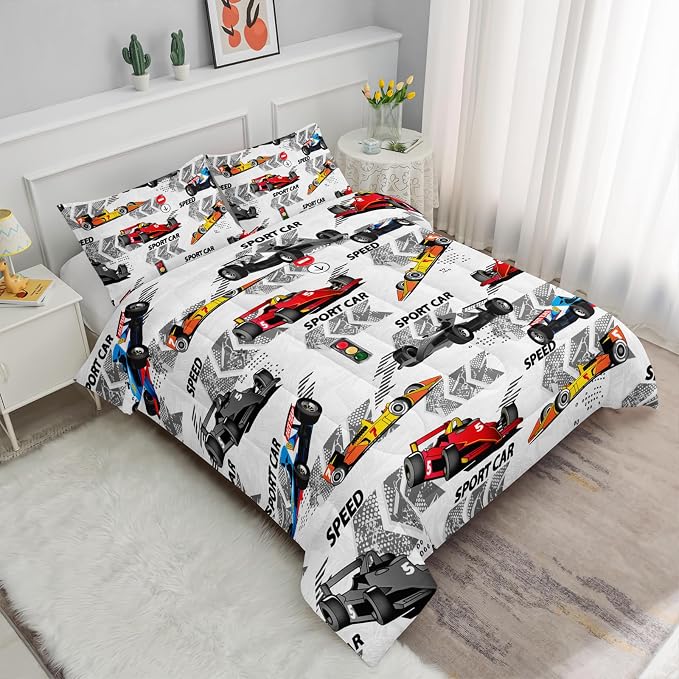 Axolotl Racing Car Comforter Set King Size,Extreme Sports Themed Boys Bedding for Boys Teens Girls,3 Piece Cool Speed Race Cars Quilt Set with 1 Comforter 2 Pillowcases,Multi Color