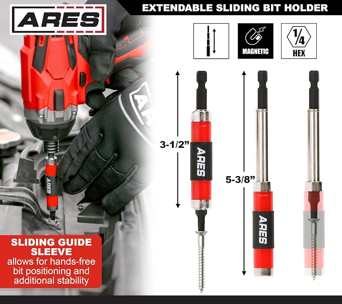 ARES 31022-52-Piece Torsion Power Bit Set with Sliding Bit Holder – Includes Standard and Reduced Philips, SAE Hex, Standard Torx, Slotted, Double-Ended Power, and Square