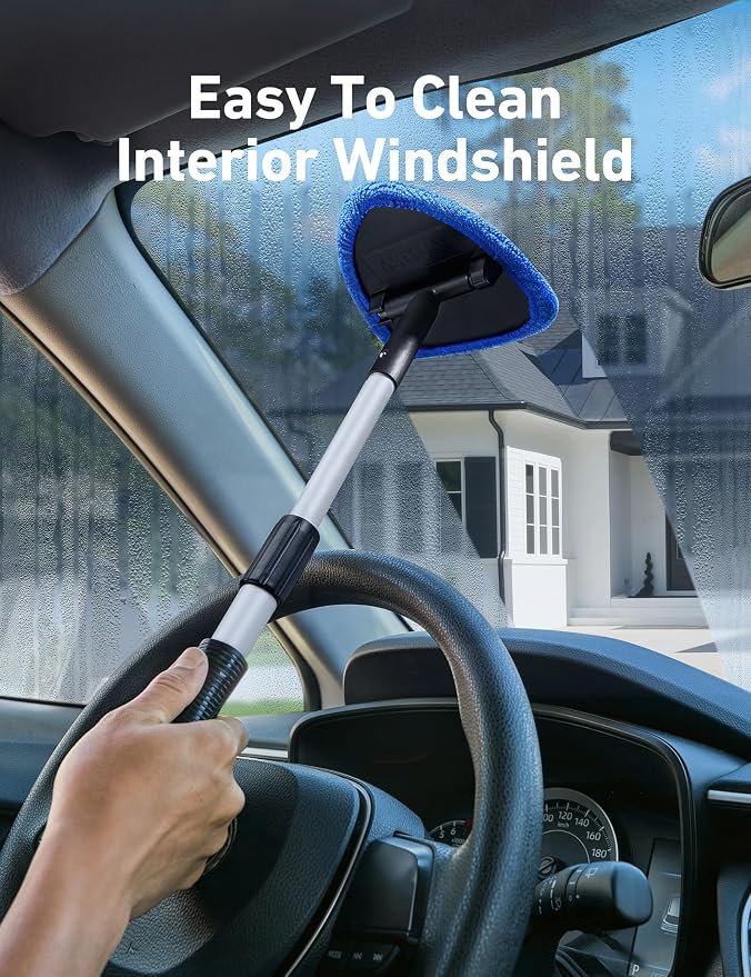 AstroAI 32" Windshield Cleaner Tool, Car Interior Window Detailing Cleaning Kit with Extendable Handle and 4 Easy-to-Install Reusable Microfiber Pads, Auto Glass Wiper Brush Kit for Car&Home, Blue