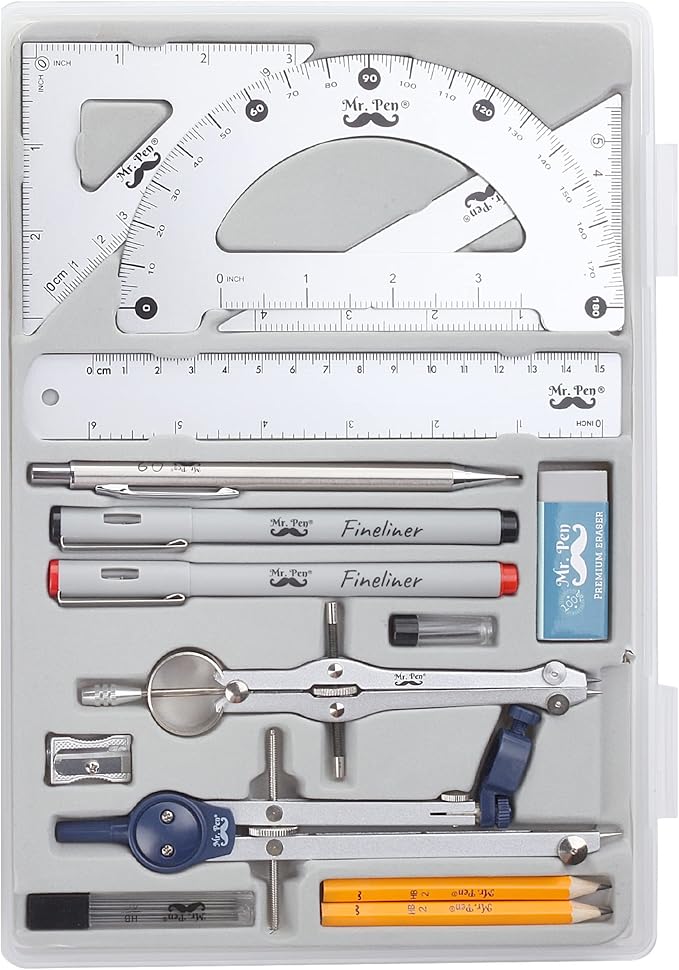 Mr. Pen- Professional Geometry Set, 15 pcs, Drafting Tools with Protractor, Compass, Metal Ruler, Triangles, Pens & Pencils, Complete Geometry & Drafting Kit for Architects, Engineers & Students