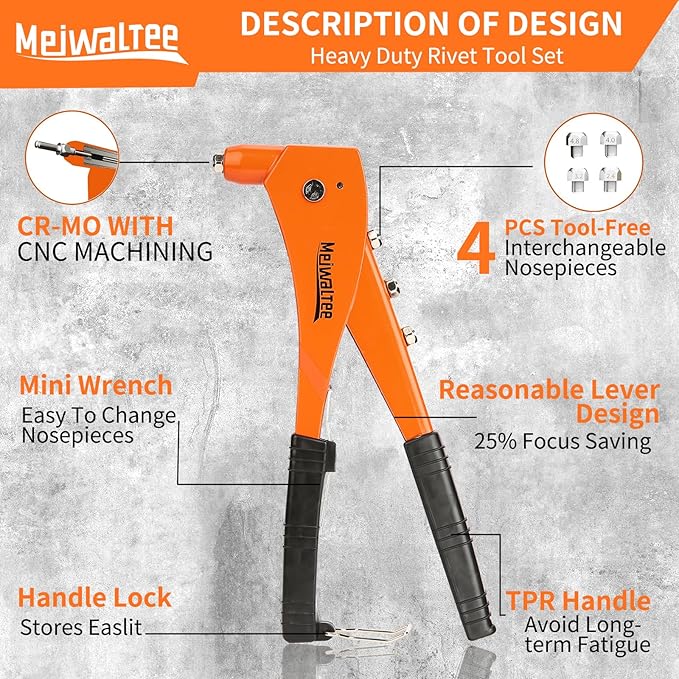 Rivet Gun with 200PCS Rivets and 4 Drill Bits, Professional Aluminum Alloy Riveter, Heavy Duty Pop Manual Riveting Tool with 4 Interchangeable Heads for Metal, Wood and Plastic
