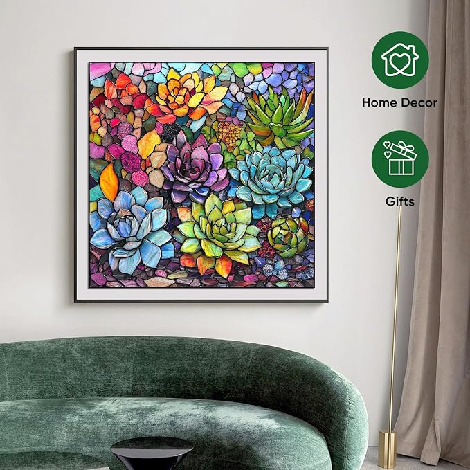 Delobi Stained Glass Puzzles for Adults 500 Pieces Succulent Wooden Puzzles, Unique Challenging Jigsaw Puzzles Gift for Friends Family Game Medium Size 15.9'' x15.9''
