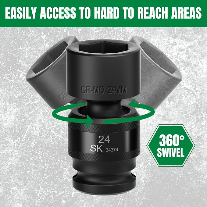 SK 1/2" Drive Swivel Impact Socket Set, Universal Joint Socket, 15-Piece | 10, 11, 12, 13, 14, 15, 16, 17, 18, 19, 20, 21, 22, 23, 24mm, Premium CR-MO Steel, SureGrip 6 Point Design, Storage Case