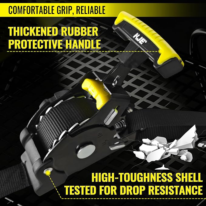 KJE Retractable Ratchet Straps, (4)1"x10' Automatic Straps + (4)Soft Loops | 1,500lb Break Strength, Self Retracting Design, S-Hook with Clip, T Handle, For Motorcycle, Kayak, ATVs, Trailer Tie Downs