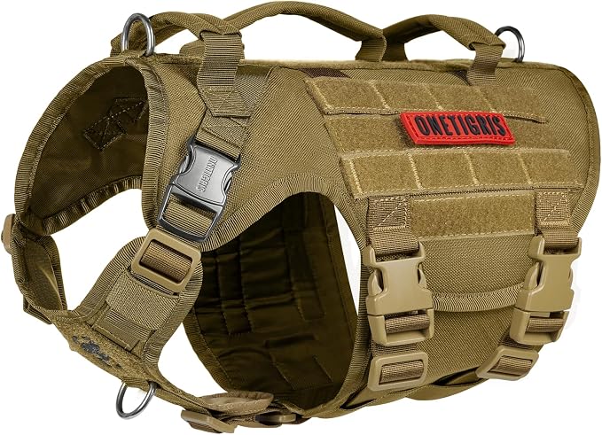 OneTigris Large Tactical Dog Harness, No Pulling Adjustable Dog Vest Harness, Heavy Duty Dog Harness with Handle, Large Hook and Loop Panels for Patch(Brown,S)