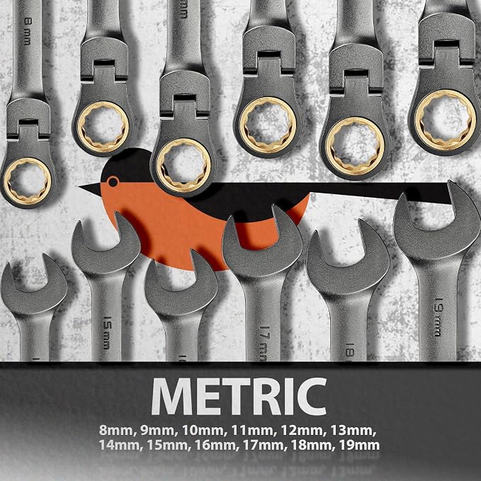 SUZUME 12-Piece Ratchet Wrenches Set Metric (8-19mm) with 180° Flex Head | 72-tooth Cr-V Black Nickel Coating No Skip For Automotive Car, SUV, Moto, Bike, Machine, Bicycle, Motorcycle Repair Home DIY