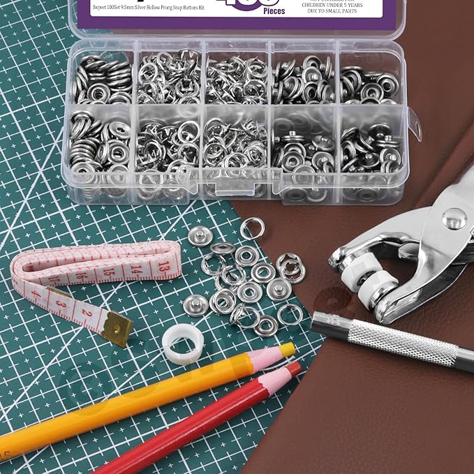 Swpeet 100 Sets 9.5mm/0.37" Silver Hollow Metal Snaps Buttons with Snap Fasteners Pliers Pull Crayons Tape Measure Assortment Kit, Leather Snap Button Fasteners Tools Kit for Clothing Sewing Crafting