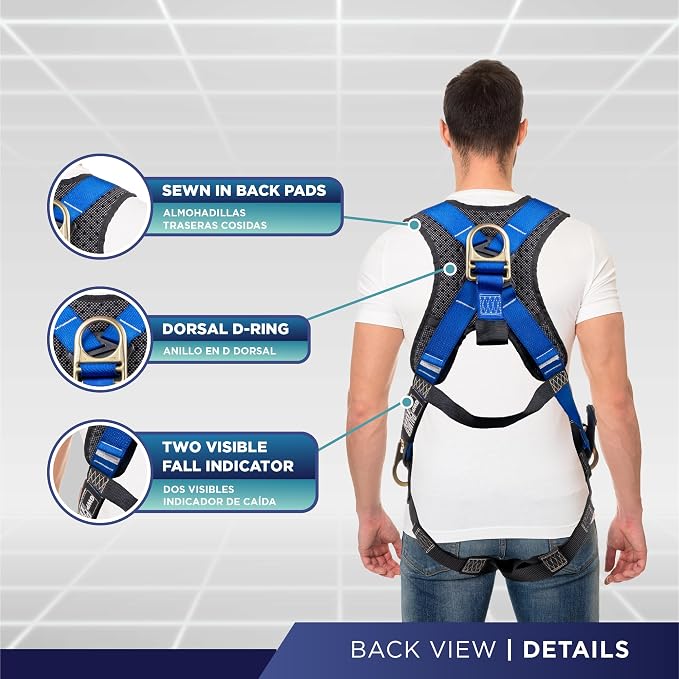 Full Body Harness with 5 Point Adjustment, Dorsal D-ring, Grommet Legs, Two Side D Rings, and Fall Indicators