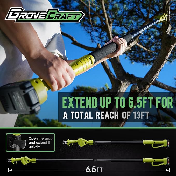 2-in-1 Pole Pruning Shears,1" Cutting Diameter Cordless Electric Pole Pruners - Brushless Motor, 2 * 4.0Ah Batteries, Branches Cutter for Tree & Flower(Fast Charger Included), Green