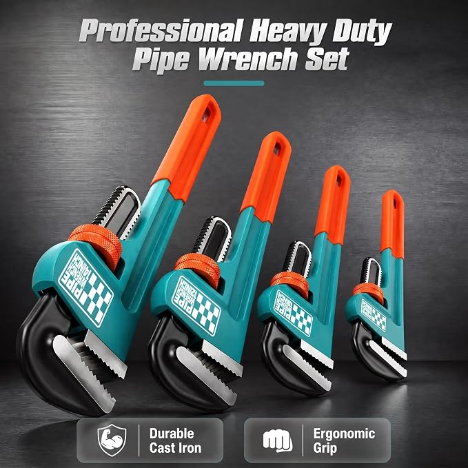 4Pcs Pipe Wrench, 8”,10",12”,14” Adjustable Straight Plumbing Wrench Set, High Drop-Forged jaws, Professional Pipeline Tool for Water Pipe Fittings, Mechanical assembly, Workshop Operations