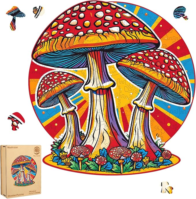 Mys Aurora Mushroom Wooden Puzzles for Adults, 200 Piece Unique Shaped Wood Jigsaw Puzzles for Adults and Kids, Fun Challenging Puzzles Family Game Gift, Medium 11.2'' x 10.7'