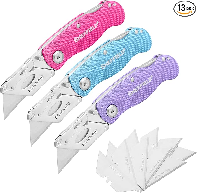 Sheffield 12353 Lock Back Utility Knife 3 Pack with 10 Blades, Quick Change Folding Box Cutter, Aluminum Handle Utility Knives with Pocket Clip, Pink, Purple & Light Blue