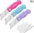 Sheffield 12353 Lock Back Utility Knife 3 Pack with 10 Blades, Quick Change Folding Box Cutter, Aluminum Handle Utility Knives with Pocket Clip, Pink, Purple & Light Blue