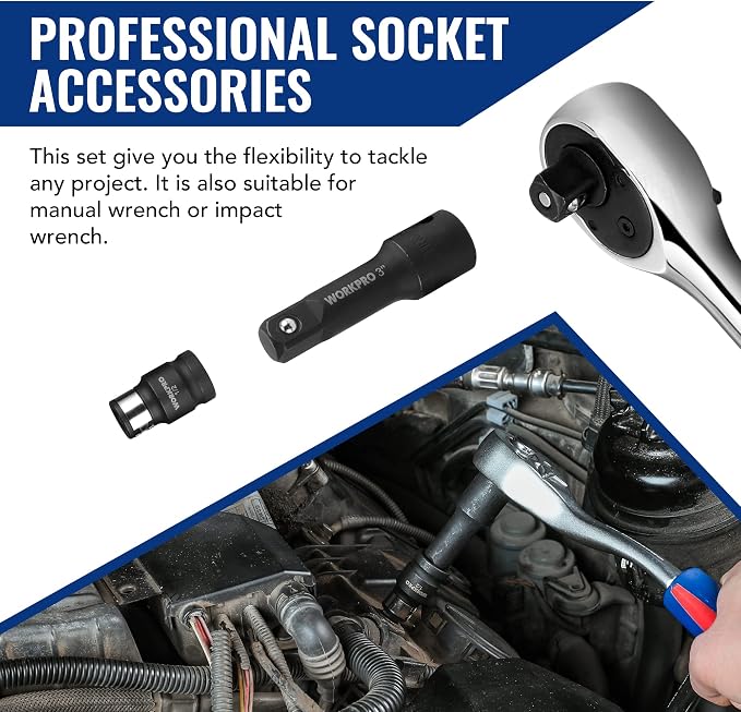 WORKPRO 18-Piece Impact Socket Extension Set, 1/4", 3/8" & 1/2" Drive | Includes Socket Adapters, Ratchet Extension Set, Socket Extension Bar, Swivel Universal Joints and Impact Coupler