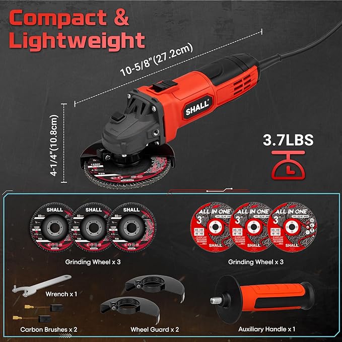 SHALL 4-1/2 Inch 11000 RPM Angle Grinder 4Amp with 2 Guards, 3 Cutting Discs, 3 Grinding Wheel, Non-Slip Handle, Wrench and Carbon Brush for Metal and Wood