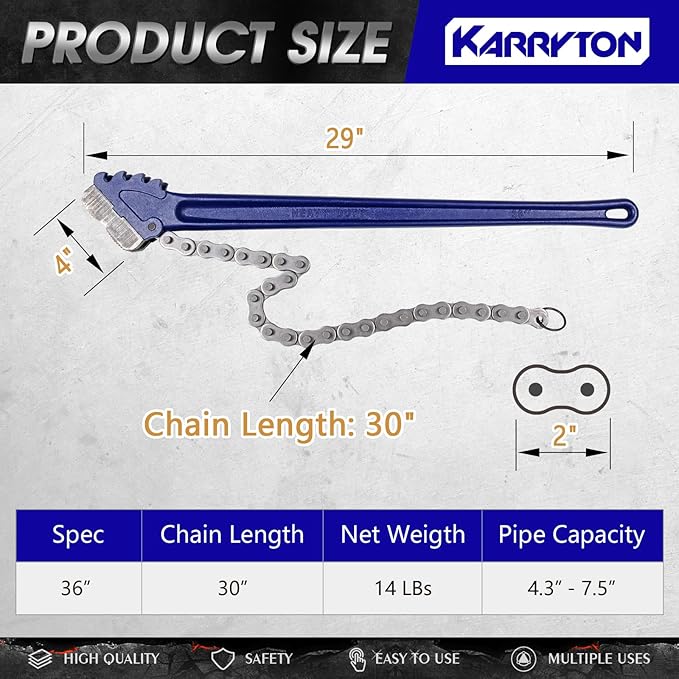 36" Chain Pipe Wrench 4.3" - 7.5" Pipe Diameters, 30" Chain Length Max Breaking Load 15000Lbs, Heavy Duty Plumbing Tool for Pipe Installation, Oil Fields Operations and Maintenance