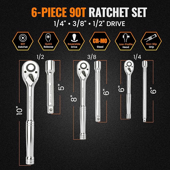 3/8“ 1/4“ 1/2“ Drive 90-Tooth Ratchet Wrench Set with Extension Bar | Socket Wrench, Reversible Design, Quick-Release, Cr-Mo Head, Cr-V Made, 4° Swing Arc, Full Polished