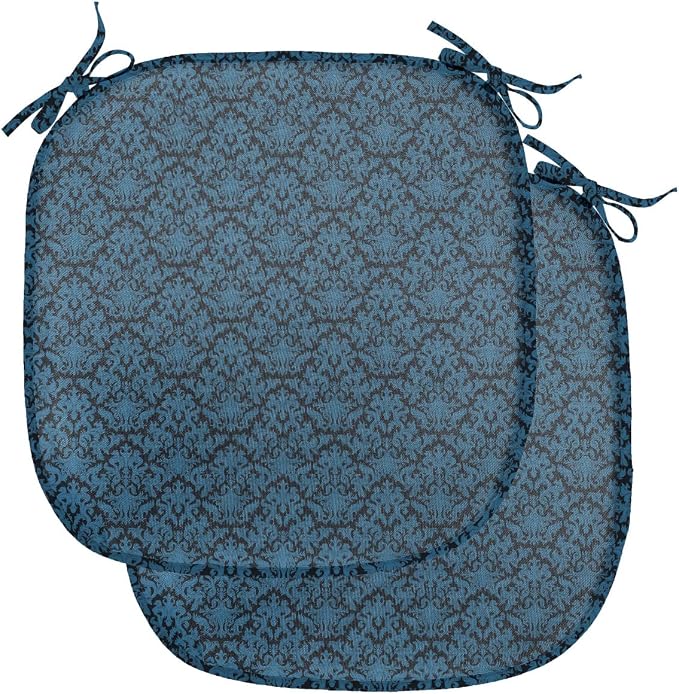 Lunarable Damask Blue Chair Seating Cushion Set of 2, Repetition with Rococo Inspired Royal Style Ornamental Pattern, Anti-Slip Seat Padding for Kitchen & Patio, 16"x16", Dark Grey and Turquoise