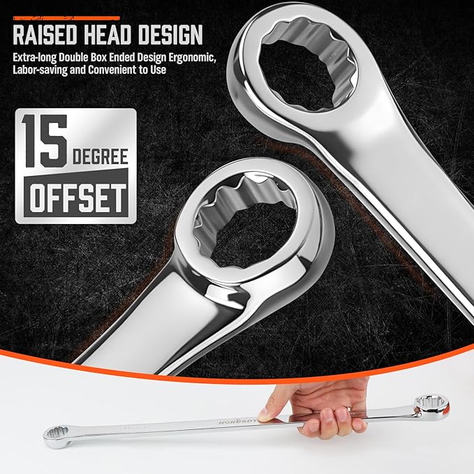 HORUSDY 8-Piece Extra Long Double Box-End Wrench Set, 12-Point Metric 8–24 mm, CR-V Steel, 15° Offset, Off-Corner Loading, with EVA Foam Organizer