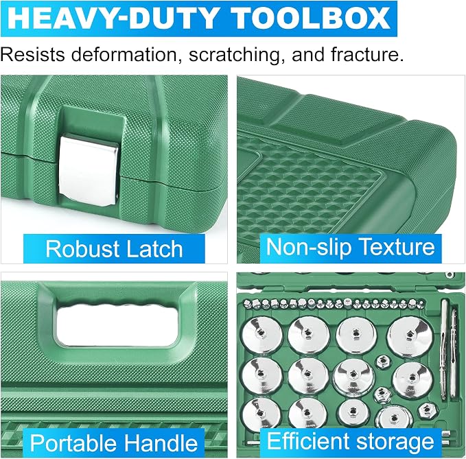 58PCS Oil Filter Wrench Set Stainless Steel 1/2" Drive Cup Remover Tool | Type Remover Tool with Drain Plug Sockets for Car, SUV(Green)
