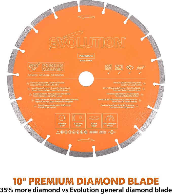 Evolution R255DCT | 10 in. Electric Concrete Saw | Premium Diamond Blade Included | 15A Motor | 4-1/16" Cut Depth | No Gas, No Fumes | Disc Cutter / Power Cutter / Cut-Off Saw | Brick & Masonry