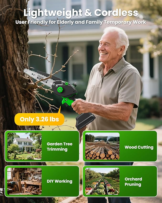 Electric Mini Chainsaw for Pruning Small Trees, Brushless 8 inch & 6 inch Portable Hand Saw with 2 Rechargeable Batteries, 1000W Handheld Chain Saw for Wood Cutting, Gardening Gifts for Mother's Day