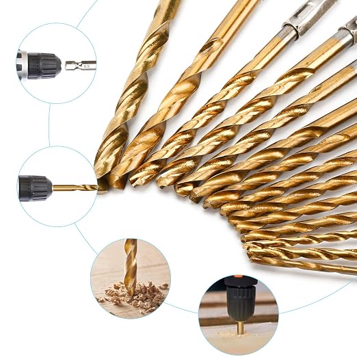 YXYL 19-Piece Hex Drill Bit Set, Titanium & HSS High-Speed Steel Hex Shank Quick-Change Twist Drill Bits for Wood (1/16"-1/4")