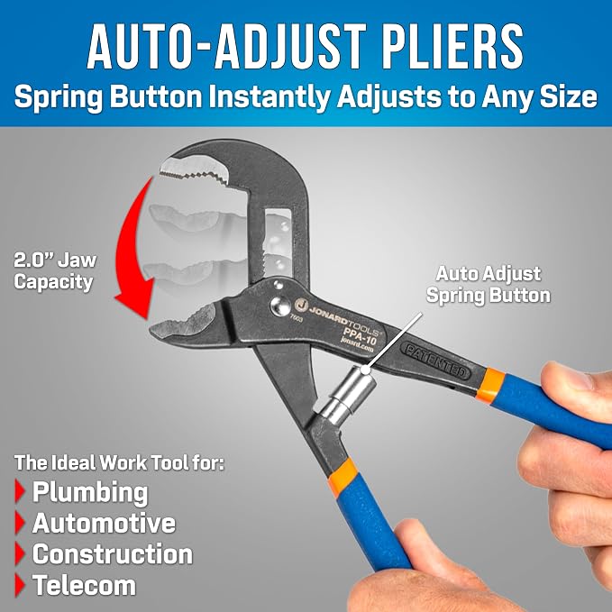 Jonard Tools PPA-10 Pump Pliers with One-handed Automatic Adjustment 2.0” Max Jaw Opening, 10" Length