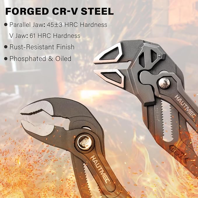 HAUTMEC 2-Piece 10 Inch Adjustable Pliers Wrench & Water Pump Pliers, Parallel Smooth Jaw & V-Jaw, CR-V Steel, Fast Adjustable Tongue and Groove Joint Pliers for Plumbing, Mechanical, Home Repair