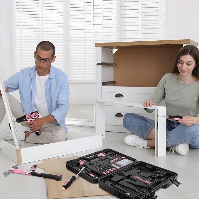 12V Pink Cordless Drill Set 195PCS Hand Tool Combo Kit Small Compact Electric Screwdriver Set Portable Power for Home DIY&Repair Driver Machine with Battery & Charger Gift Box for Women