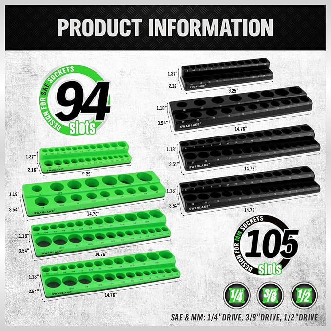 Magnetic Socket Organizer Holder Tool: 8PCS Set includes 2PCS 1/4", 4PCS 3/8", 2PCS 1/2" Drive Socket Storage Trays Toolboxs, Holding 199 Slots Soft Rubber Covering Black Green (sockets not included)