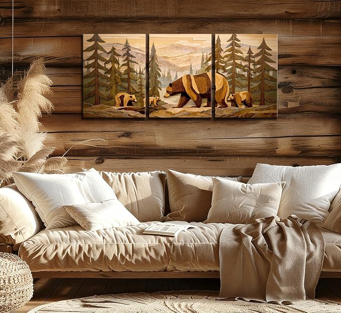 Frimeeme 3-Piece Framed Rustic Forest Bear Canvas Wall Art,Woodland Cabin Decor, for Cabin, Farmhouse, Living Room, Bathroom,16x24 Inch