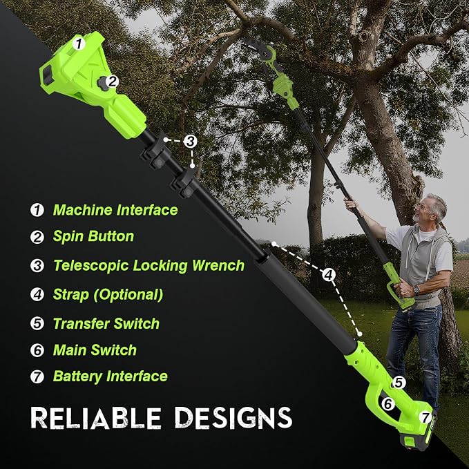 2 IN 1 Electric Pole Saw Brushless 21V Battery Chainsaw Cordless with Rotatable Pole 15FT Max Reach, Shoulder Strap, Battery Powered Chain Saw for Tree Trimming and Wood Cutting Tool -- Green