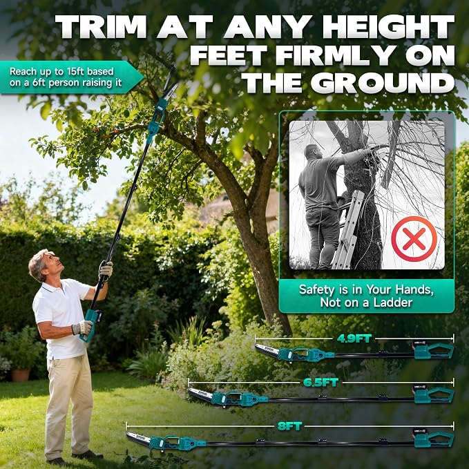 2-in-1 Electric Pole Saw for Tree Trimming,1200W Brushless Cordless Pole Saw&8 Inch Mini Chainsaw with 2 x 4.0Ah 21V Batteries,16 FT Max Reach, Tree Trimmer for Branch Cutting.